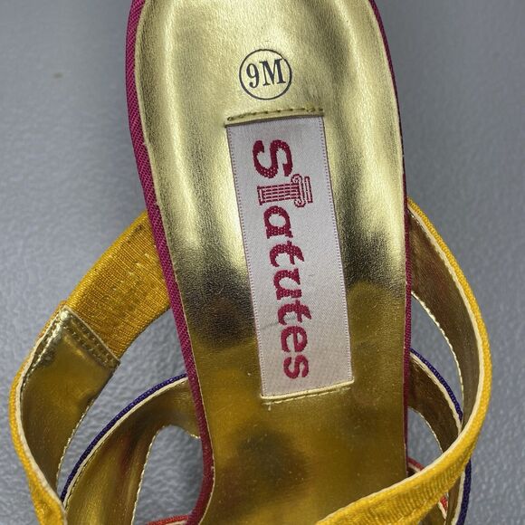 NWT Vintage Statutes Sandals 80s 90s Rainbow Fabric Strappy 3" Block Heel Size 9 - Picture 6 of 7